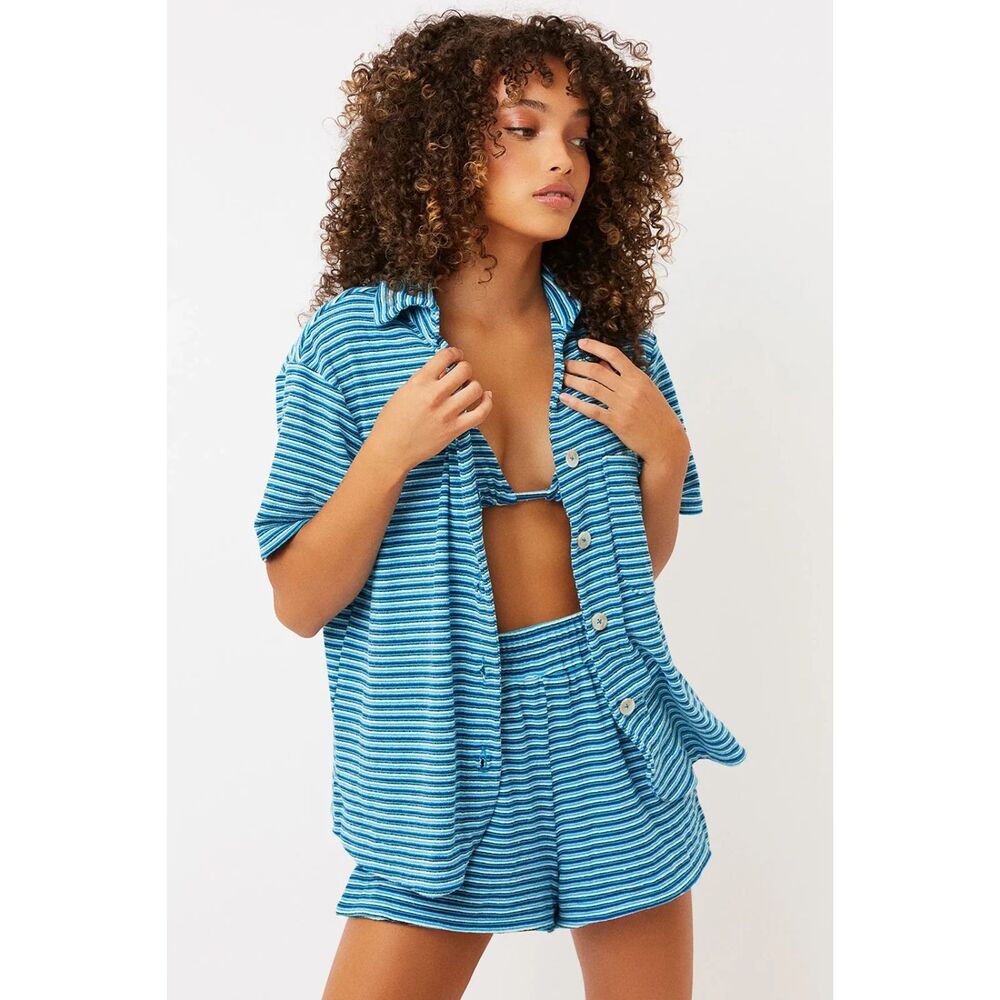 Frankies Bikinis Coco Striped Terry Button Up Shirt and Shorts Set